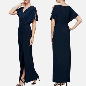 Alex Evenings Embellished Ladder Sleeve Draped Knot Front Gown Navy Blue Size 6P